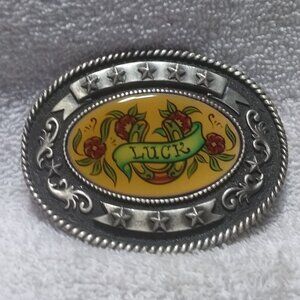 Red Rose Horseshoe Luck Center Silver Stars Oval Belt Buckle Great Vintage